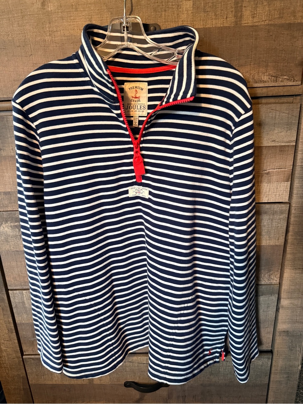 Ladies Navy & White Stripe Quarter-Zip Top with Red Trim